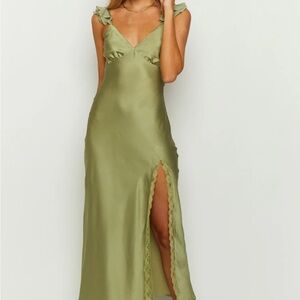 Elegant Green Satin Dress with Ruffle Straps